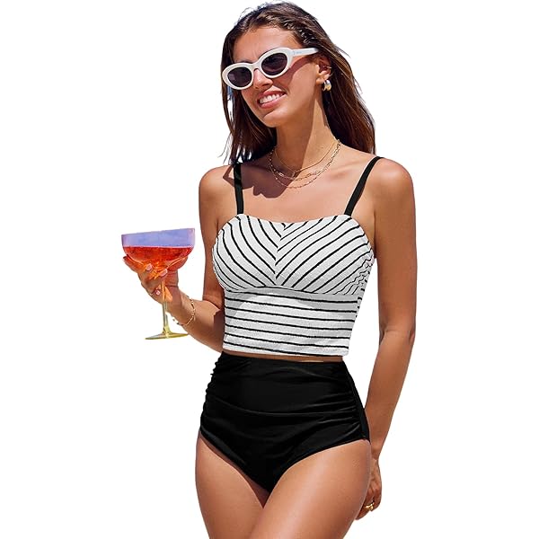 SHEKINI dames tankini set met ruches, buikweg, crop swim top camisole met hoge taille badbroek bikini tweedelig badpak S-XXL, S