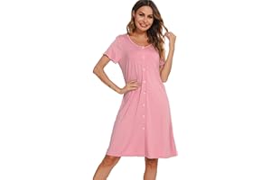 Lovasy Camicia da Notte Donna Manica Corta Sexy Abito da Notte Estiva con Bottoni Un Pezzo Pigiama Curvy Premaman Allattamento con Tasche