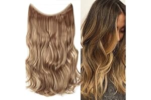 SEGO 20"(50cm) Extensiones de Cabello Natural con Hilo Invisible Sin Clip Pelo Sintético Una Pieza Rizada Onduada Postizos Pelucas (90g,Marrón Claro mezcla Rubio Ceniza)