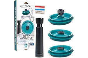 Airtender - Tapas de vacío para tarros de vidrio – Incluye Bomba de vacío - Juego de 3 tapas - Kit de inicio - Compatible con tarros Kilner, Bormioli e Ikea