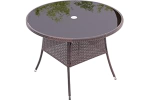 The Fellie Patio Table Garden Rattan Table Tempered Glass Tabletop Coffee Tables Outdoor Bistro Tables with Umbrella Hole (Brown, Round)