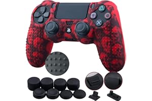 9CDeer 1 Pieza de Siliconas Tachonado Transferencia de Agua Protector Manga Caso Cubierta Piel Cover Skin + 8 Thumb Grip + 2 a Prueba de Polvo Tapones para Mando PS4/Slim/Pro, Cráneo rojo