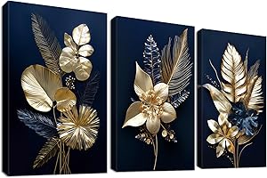 HALFLEMART 3 Panels Wooden Framed 3D Navy Blue Gold Flowers Canvas Wall Art Tropical Monstera Coconut Leaves Painting on Canvas Prints Picture for Living Room Bedroom Home Wall Decoration 90x40cm (12"x16"x3pcs)