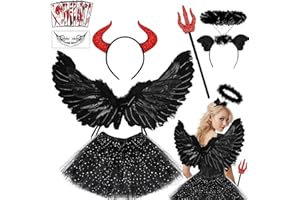 Pamerner Teufel Kostüm Damen Mädchen - Engelsflügel Schwarz Set - mit Heiligenschein, Teufelshörner, Teufelsgabel, TüllRock, Tattoo Aufkleber, Engel kostüm für Halloween Karneval Fasching (60 * 35cm)