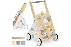 Mamabrum Andador de Bebé 8 en 1 Madera - Incluye Juguetes Educativos, Tablero Actividades y Estante Amplio - Altura Ajustable 58-66cm - 4 Ruedas de Antideslizantes