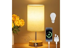 Suright Bedside Lamps, Touch Lamps Bedside with USB A+C Charging Ports, 3-Way Dimmable Table Lamp, Small Lamp for Living Room Bedroom with Linen Fabric Shade (LED Bulb Included)