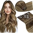 LaaVoo Clip in Hair Extensions Real Human Hair Balayage Light Brown Mix Golden Brown Ombre Hair Extensions Clip ins Human Hair Balayage Clip in Hair Extensions Full Head Straight 14 Inch 7pcs/120g