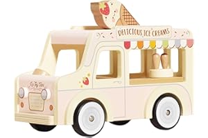 Le Toy Van - ME083 - Gioco educativo camioncino dei Gelati Giocattolo per Bambini in Legno FSC, 3 Anni, 26 x 12 x 19 cm, per Giocare con Le Bambole, Tetto apribile, Freezer, Coni Gelato Inclusi