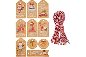 ZHIYE Christmas Tags, 50 Pieces 10 Styles Kraft Paper Tag Hang Labels with 50pcs Cotton String for Decorating Christmas Trees or Packaging