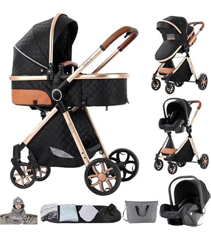 Poussette 3-en-1 Évolutive Noir & Or – Pour Nouveau-né à Enfant, Convertible, Canne Réversible Et Amortisseurs