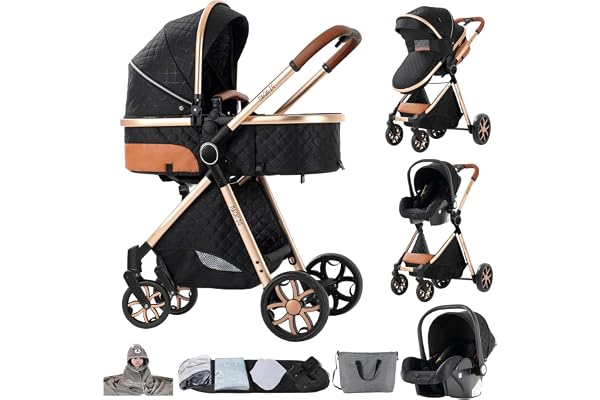 NADDLILY Poussette 3 en 1, Pousette Bebe avec Conception Portable Pliable Un Clic, Pousette 3 en 1 avec Poussée Réversible Bidirectionnelle, Poussette Canne avec Accessoires (V9 Black)