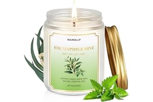HANOLLY Candele Profumate Menta & Eucalipto, Candela di Soia Naturali Aromaterapia Rilassante, Candela Profumata Lunga Durata per Yoga e Bagno, Regalo Donna Compleanno Perfetto, Fino a 50 Ore, 255g