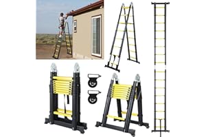 Fiqops Escalera telescópica con ruedas, 5 m (2,5 + 2,5), escalera de aluminio antideslizante, 150 kg/330 libras, escalera extensible, escalera de aluminio con asa, escalera multiusos