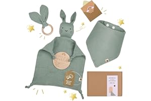 LAFERKA Neugeborenen Geschenk Junge | Zur Geburt Für Mädchen | Geschenkset mit 100% Baumwolle Schmusetuch+Lätzchen +Beißring+Baby Holzschild
