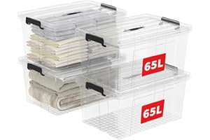 Cetomo 65L*4 Scatole di Stoccaggio in Plastica, Scatole Portaoggetti con Coperchio, Organizzatore con Manico, Contenitori per Casa e Ufficio, Impilabile, Resistente, Trasparente, 65L - Confezione da 4