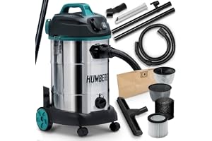 Humberg Multifunktionell industridammsugare 30 l, 1 600 W för askskräp metall elverktygsuttag 2 000 W – torr och våt dammsugning – blåsfunktion – återanvändbart filter –