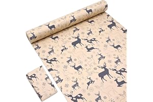 OTMVicor Roll of Christmas Wrapping Paper, 15M Recyclable Gift Wrapping Paper 43cm Width Kraft Paper Printed with Navy Blue Elk Snowflake for Christmas Birthday Gift Wrapping