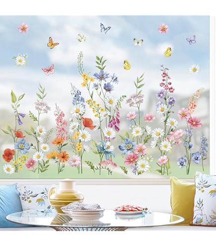 Flower Window Clings - 4pcs Colorful Floral Bouquet Reusable Stickers For Glass Doors & Windows