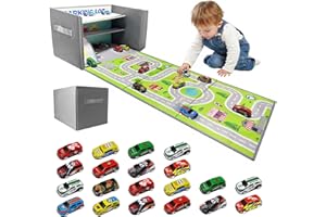 YIBEBE Scatola Portaoggetti per Auto Giocattolo: Garage per Auto Giocattolo per Bambini - Garage per Pieghevole 3 in 1 per Bambini - Organizzatore per e Tappeto da Gioco (Gray)