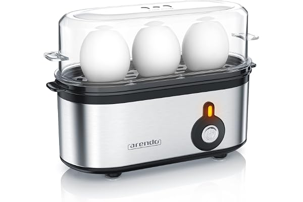 Arendo - Cuiseur à oeufs en acier inoxydable Threecook, Egg cooker 1-3 oeufs, Dur, Mollet ou à la Coque, Verre doseur avec Perce, Indicateur Lumineux, 210W, Base anti-dérapante, sans BPA, certifié GS