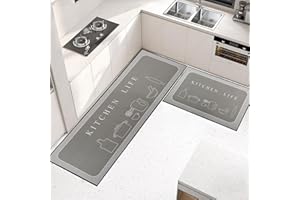 OPLERT 2 Pieces Kitchen Rugs, Non Slip Washable Kitchen Floor Mats, Water-absorbent, for Kitchen Hallway Living Room Bedroom,Grey,43x75+43x150cm