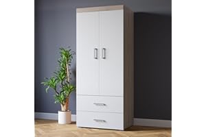 DRP Trading White & Sonoma Oak Wardrobe, Clothing Closet, Bedroom Organising, Wardrobe with Drawers, Shelves, Hanging Rails, Ideal for Bedroom or Dressing Room…