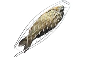 COOKRM Parrilla Barbacoa Pescado, Canasta De Asado De Pescado Para BBQ, Accesorios Barbacoa y Camping, Portátil Y Plegable, Material De Calidad Con Cierre De Seguridad Y Mango De Roble TAMAÑO GRANDE 65X15CM