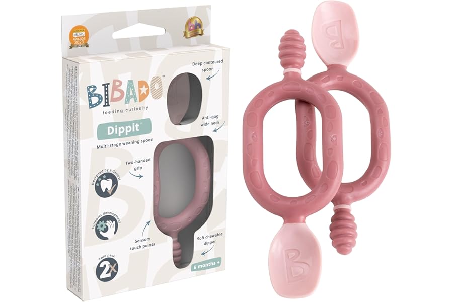 Bibado - Dippit Baby Spoon and Dipper, Mint & Blue (2-Pack) - Soft, Chewable Dipper & Deep Spoon - Two-Hand, Sensory Grip - Baby Weaning Set - Weaning Spoons - Baby Gifts - Baby Essentials - 6 Months+