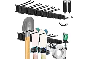 Sinoer Garage Tool Manager Staffa a parete, Garage Wall Manager Staffa di stoccaggio con 9 ganci, Gancio per attrezzi da giardino per attrezzatura da sci, Sedia, Scopa, Mop, Rake Garden Tool