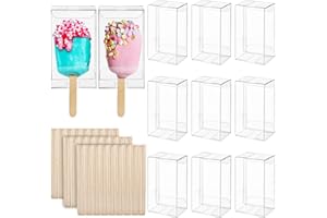 Hacaroa 300 Pieces Clear Popsicle Cakesicle Box Set, 150 Pcs PET Ice Cream Boxes with 150 Pcs Wooden Sticks, 9.4x5.6x3.8 cm Candy Treat Box for Wedding, Baby Shower, Kids Birthday Party