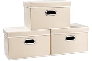 PRANDOM Zusammenklappbarer Aufbewahrungsbehälter mit Deckel [3er-Pack] Stoff Faltbare Aufbewahrungsbox Organizer Behälter Korb Würfel mit Deckel für Haus, Büro Creme (38 x 25 x 25)