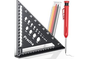 PRECIVA Squadra da Falegname con Matita, Squadrette Carpentiere in Alluminio 180mm, Regolo Triangolare Multifunzionale per Falegnameria di Misurazione Angoli Linee e Fori, Squadra 45 Gradi Metallo
