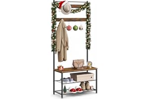‎VASAGLE VASAGLE Garderobenständer, Kleiderständer mit Schuhablagen, Schuhregal mit Sitzfläche, für Flur, mit Haken, 3 Ablagen, aus Metall, Höhe 177 cm, Industrie-Design, vintagebraun-schwarz HSR41BX