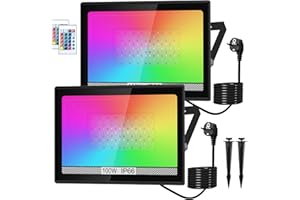 NATPOW LED Strahler Außen, 100W RGB Strahler mit Fernbedienung, LED Fluter Flutlichtstrahler Farbwechsel Scheinwerfer mit 16 Farben 4 Modi, IP66 Wasserdicht Flutlicht für Gärten, Innenhöfe(2 pack)
