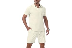 QIXING Mens Shorts and T shirt Sets Polo Colloar Mens Summer 2 Piece Holiday Clothes Co ord Shorts Set with half Zip Tracksuit