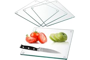 Hacaroa Set mit 4 Schneidebrettern aus gehärtetem Glas, 25.4x25.4 cm, quadratisches Schneidebrett mit Gummifüßen, rutschfeste Glasablage für Küchenarbeitsplatte, spülmaschinenfest, transparent