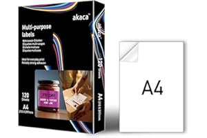 akaca Carta Adesiva Opaco Stampabile A4, 120 Fogli, Etichette Adesive per Stampanti laser & a getto d'inchiostro, 1 Etichetta per Foglio, 210 x 297 mm