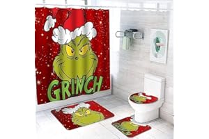 KEFFOR The Grinch Stole Christmas Shower Curtain Set with Anti-Slip Rug, Toilet Cover and Bath Mat, Christmas Winter Holiday Bathroom Decor with Hooks 72 x 72 Inch Shower Curtain (D)