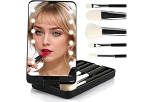 JIANGLAI Pocket Mirror with 5-in-1 Makeup Brushes - Rechargeable Dimmable Portable Mirror with Light for Purse, Handbag, Pocket - Folding, Handheld (Black)