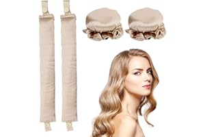QOCO 2PCS Heatless Hair Curler,Satin Hair Curls Rollers Set Headband Heatless Curlers Rod with Hair Curling Sleep Bun Caps for Long Short Hair Soft Curl Overnight Lazy DIY Heatless Styling Tools (Khaki)