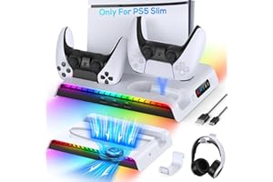 FYOUNG Vertikaler Standfuß für PS5 Slim Konsole mit Lüfter &Controller Ladestation, Multifunktionale Kühlung Ständer für PlayStation 5 Slim Zubehör mit 9RGB Licht (Nur für PS5 Slim)