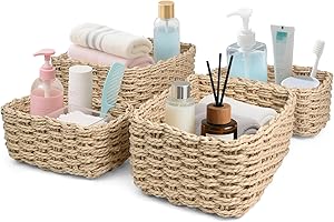 JUKIBOLE Lot de 4 paniers de rangement décoratifs en corde de papier tissée recyclable pour accessoires de maquillage, tampons à cd, jouets, jaune