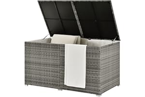 Juskys Polyrattan Auflagenbox Ikaria 950 L inkl. Deckel mit Hubautomatik & Innenplane - Kissenbox 145 x 82 x 79 cm für Garten - Gartenbox grau-meliert