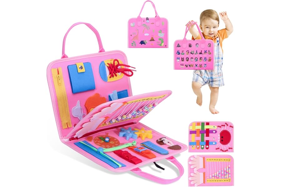 Busy Board for Toddlers, Montessori Sensory Toys Activity Board for Fine Motor Skills, Preschool Educational Learning Gifts for 1 2 3 4 5 Year Old Girls & Boys, Autism Toys, Car Airplane Travel Toy