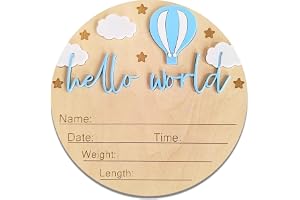 Tazweeq Baby Announcement Sign, 15 cm Wooden Hello World Baby Welcome Sign, Hot Air Balloon and White Cloud Decoration, Newborn Birth Sign for Home Hospital Nursery (Blue)