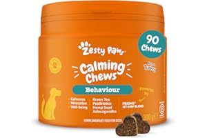 Suplemento calmante Zesty Paws para Perros | Alivio de ansiedad | Relajación y Estrés | Ashwagandha, Té Verde y L-Triptófano | Tabletas calmantes para Perros | 90 Piezas