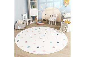 TT Home Tappeto Stanza Bambini Lavabile Arcobaleno Sole Moderno, Colore:Beige Blu Giallo, Dimensione:100 cm tondo