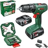 Bosch Home and Garden Trapano a percussione, 2x batteria da 2,0 Ah, EasyImpact 18V-40 sistema 18 volt, set di cacciaviti e pu