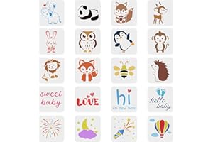 FINGERINSPIRE, Stencil per baby shower con elefante, cervo, coniglio, scimmia, leone, fuochi d'artificio, luna, parole, per album, tessuto, piastrelle, mobili, legno, pareti, 15 x 15 cm, 20 pezzi