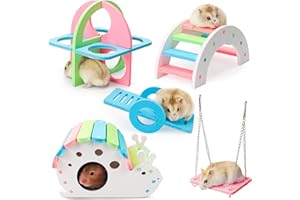 EPISKEY 5 Pcs Hamster Toy Set - Rainbow DIY Hideout House Bridge Swing and Seesaw, Pet Sport Exercise Cage Accessories for Gerbil Mouse and Small Pets (S)